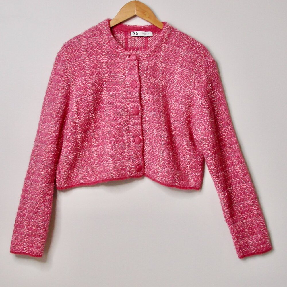 Zara Pink Tweed Knit Cardigan Jacket Sweater Barbie Pink Silver Metallic Size XL - Picture 5 of 16